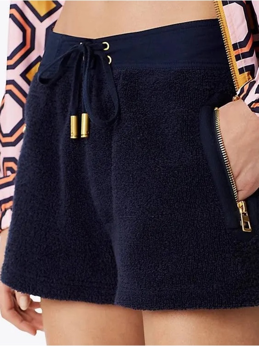 Tory Burch Navy Terry High-Waist Drawstring Shorts with Gold Accents